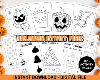 May include: A collection of black and white Halloween activity pages featuring a pumpkin character, a dot-to-dot tombstone, a bat, a word search, a matching game, a triangular maze, and a how-to-draw grid with the text Halloween Activity Pages.