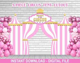5-Piece Pink Circus Tent Editable Cutout Backdrop – Standup Prop – Circus Birthday Party – Girl Birthday – Instant Download  – Corjl