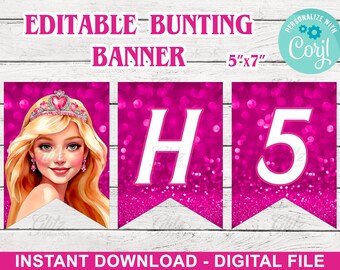 Fashion Doll Birthday Party Bunting Banner – Hot Pink – Editable – Personalized – 5”X7” – Corjl - INSTANT DOWNLOAD