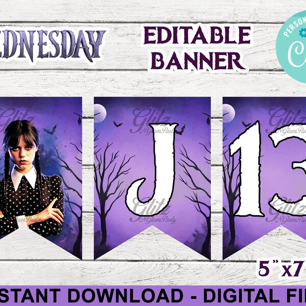 Wednesday Birthday Banner – Gothic - Editable – Personalized – 5X7” – Corjl - INSTANT DOWNLOAD