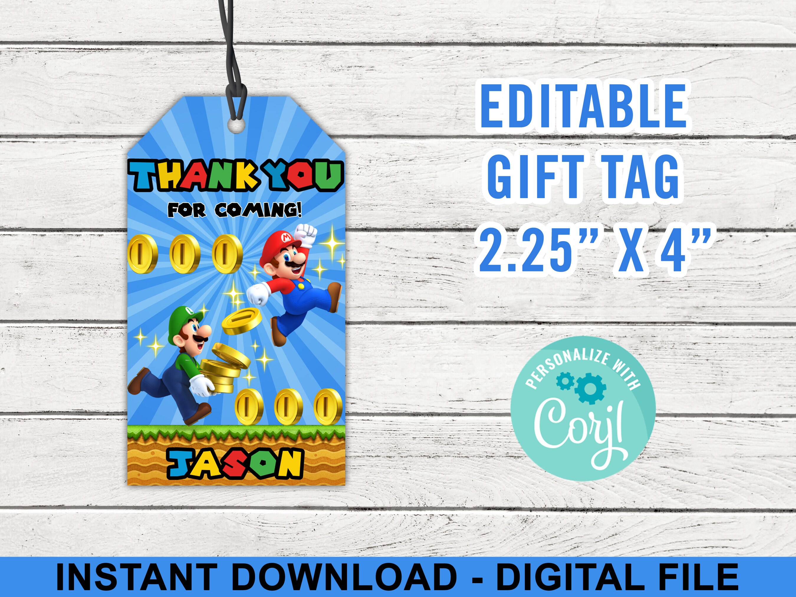 Super Mario Bros Gift Tags Mario & Luigi Editable Personalized 2.25x4