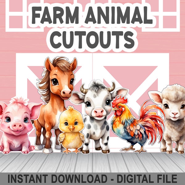 Farm Animal Cutout Props – Standup Prop – cow, horse, sheep, pig, rooster, and chick – Farm Birthday – Instant Download