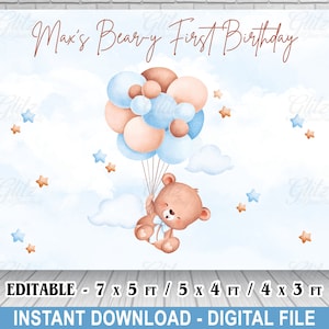 Pode incluir: Um cenário digital para uma festa de primeiro aniversário com um urso de peluche castanho a segurar balões azuis e castanhos. O cenário é azul com nuvens brancas e estrelas castanhas. O texto "Max's Bear-y First Birthday" está no topo do cenário.