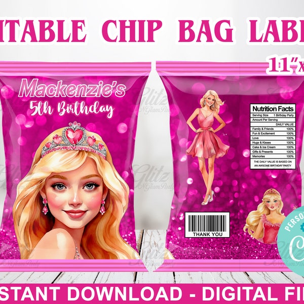 Fashion Doll Birthday Party Chip Bag Label – Hot Pink – Editable – Personalized – 11”x8.5” – Corjl – INSTANT DOWNLOAD