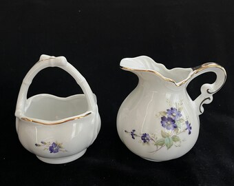 Lefton China Creamer and Sugar bowl with purple violets