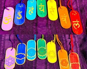 chakra talismans w/ all 7 frequencies, hand crafted brightly painted, braided hangers includes blessed symbol/ Sanskrit for each character
