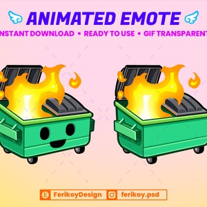 May include: Animated GIF of a green trash can with a smiling face on fire. The flames are yellow and orange and the trash can is on a pink background.