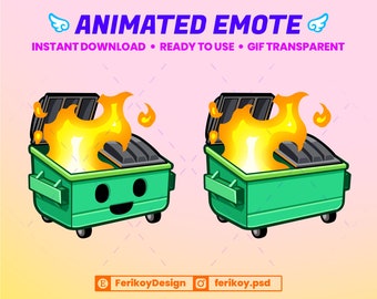 May include: Animated GIF of a green trash can with a smiling face on fire. The flames are yellow and orange and the trash can is on a pink background.