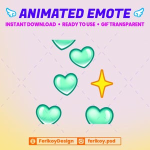 May include: Animated emote graphic with text that reads "Animated Emote" and "Instant Download • Ready to Use • GIF Transparent". The image features several teal hearts and a yellow star on a gradient background.