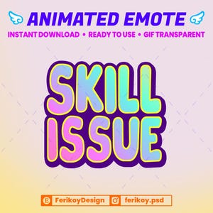 以下が含まれることがあります： 虹色のグラデーションで「SKILL ISSUE」というテキストがアニメーション化されたGIF。テキストは、丸みを帯びた漫画風のフォントで、紫色の影が付いています。