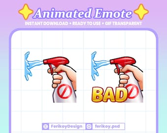 May include: Animated emote showing a red spray bottle with blue water spraying out. The bottle has a red prohibition sign. The word "BAD" is displayed. Text reads "Animated Emote, Instant Download, Ready to Use, GIF Transparent".