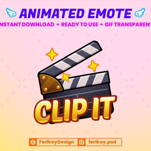 May include: Animated GIF emote featuring a cartoon clapperboard with the text "CLIP IT" in yellow and red letters. The clapperboard is surrounded by sparkling stars.