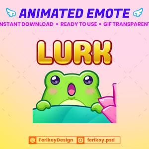 Puede incluir: GIF animado de una rana verde asomándose por encima de un nenúfar azul y verde. La rana tiene ojos grandes y una expresión de sorpresa. El texto "Lurk" está escrito en letras doradas sobre la rana.