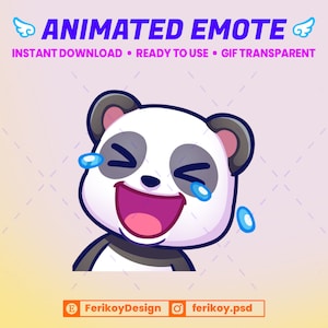 Könnte beinhalten: Animiertes Emoji eines schwarz-weißen Pandabären mit einem breiten Lächeln und Freudentränen, die ihm über das Gesicht laufen. Der Panda trägt ein schwarz-weiß gestreiftes Hemd.
