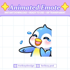 以下が含まれることがあります： 青と白の羽、黄色いくちばし、涙を持つ漫画のペンギンのアニメーション絵文字グラフィック。ペンギンは笑っています。「Animated Emote」、「Instant Download」、「Ready to Use」の文字が含まれています。