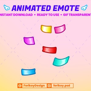 Puede incluir: Cinco emoticonos animados en diferentes colores: amarillo, rosa, morado, rojo y azul. Los emoticonos tienen la forma de un rectángulo con esquinas redondeadas. El texto "ANIMATED EMOTE" está en la parte superior de la imagen. El texto "INSTANT DOWNLOAD • READY TO USE • GIF TRANSPARENT" está debajo de los emoticonos.