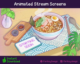 Animated Ramen Bowl Stream Screens: Japanese Food Overlay (MP4 & JPEG)