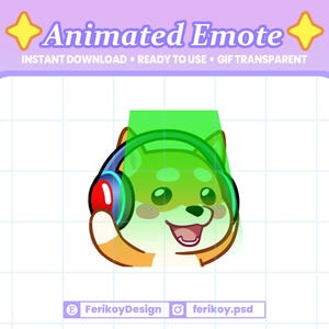 May include: An animated emote of a Shiba Inu dog wearing headphones. The dog is green and orange with a happy expression. Text above reads "Animated Emote" and "Instant Download - Ready to Use - GIF Transparent".
