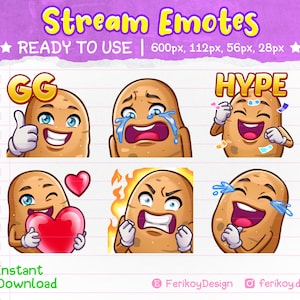 May include: Six cartoon potato emotes with different expressions, such as thumbs up, crying, and excitement. The image includes the text "Stream Emotes" and "READY TO USE". The words "GG" and "HYPE" are also displayed on the image.