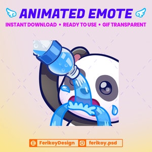 Può includere: GIF animato di un panda che versa acqua blu da una bottiglia su se stesso. Il panda ha un'espressione sorpresa e indossa un mantello di pelliccia bianco e nero. L'acqua scorre in un ruscello blu.