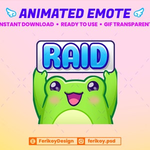 Può includere: Emoticon animato di una rana verde che tiene un cartello con scritto "RAID" in lettere blu con contorno bianco. La rana ha occhi grandi, un ampio sorriso e guance rosa.