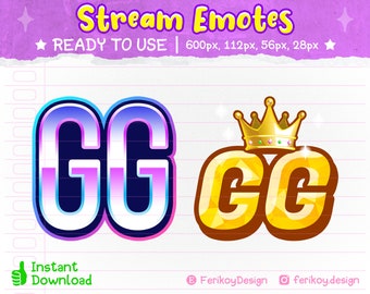 May include: Two digital stream emotes featuring the letters "GG". One has a blue, purple, and white gradient with a black outline. The other is gold with a crown. Text reads "Stream Emotes" and "Ready to Use".