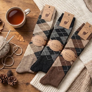 Alpaca Wool Argyle Socks 2 Pair | Extra Fine Knee High Winter Socks | Seamless Toe Luxury | Cosy Gift for Men & Women