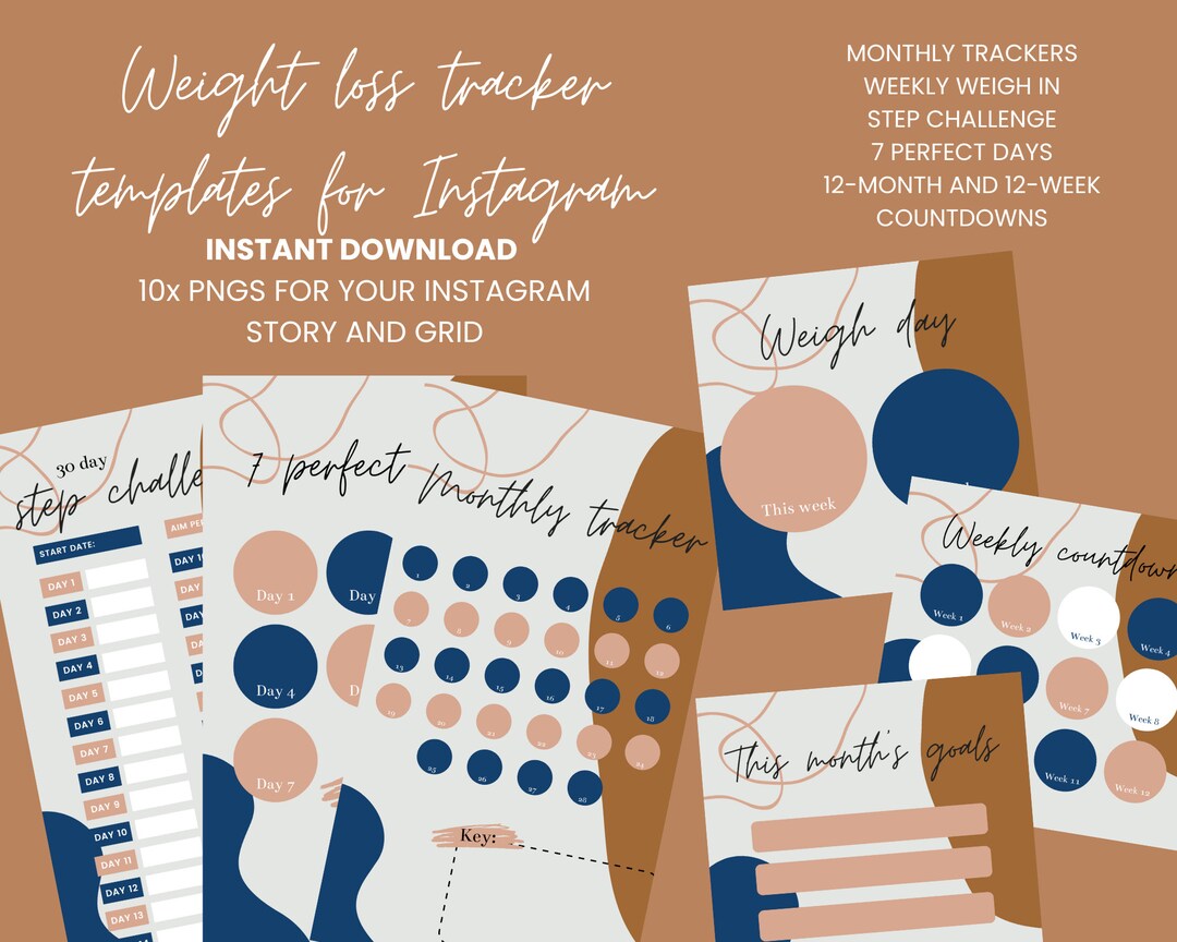 Blue &amp; Brown Instagram Weight Loss Tracker Bundle - Weekly Weigh Loss ...