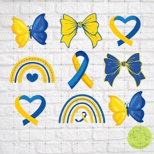 May include: Set of nine digital clipart images featuring yellow and blue color combinations. The images include a butterfly, a bow, a heart, a rainbow, a ribbon, and a heart with a ribbon. These images are perfect for creating crafts, scrapbooking, and other creative projects.