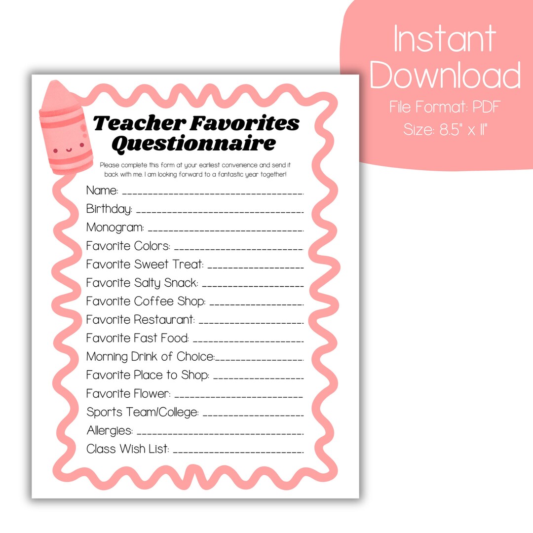 Printable Teacher Favorites Questionnaire Back to School Teacher Gift Printable Teacher Favorites Questionnaire Back to School Teacher Gift