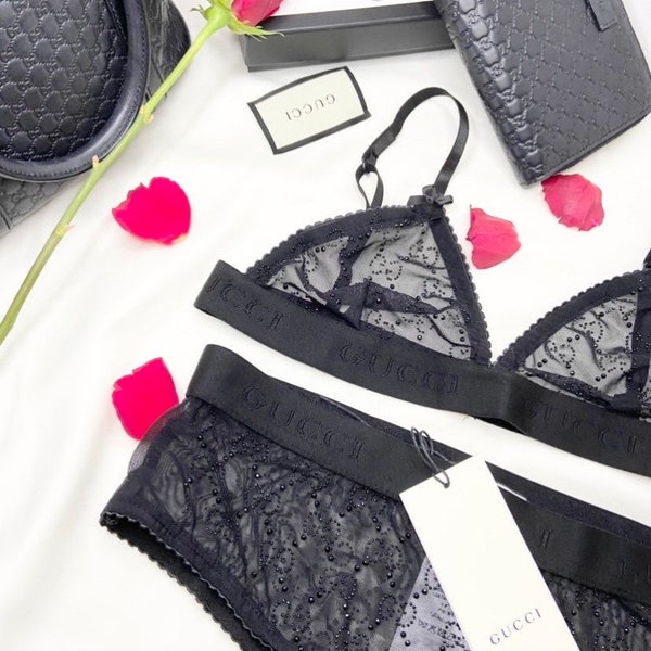 Gucci Inspired Rhinestone Crystal Designer Lingerie Set Mesh Bra