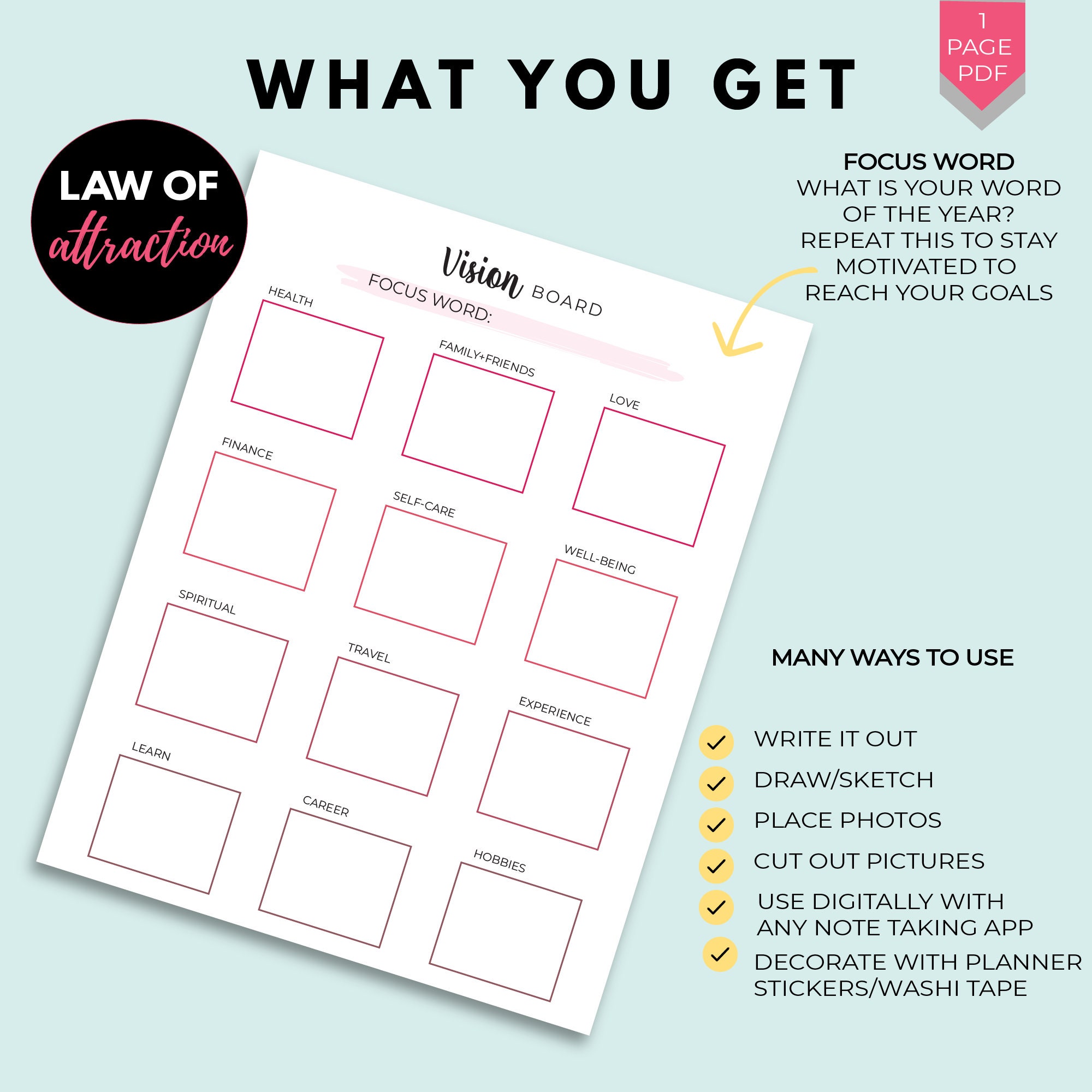 Vision Board Printable Vision Board Template Law of Attraction ...