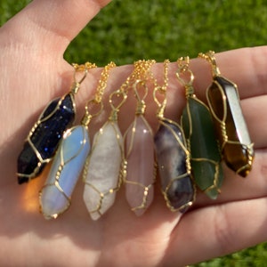 Crystal Necklace gold wire wrap birthstones rose quartz 7 chakras crystal point jewelry pendant-Opal, Green Aventurine