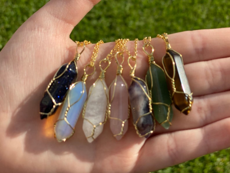 Crystal Necklace gold wire wrap birthstones rose quartz 7 chakras crystal point jewelry pendant-Opal, Green Aventurine 