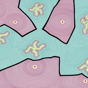 May include: Abstract geometric pattern with a teal background and pink and red concentric circles. The circles are outlined in black and have a yellow starburst shape in the center.