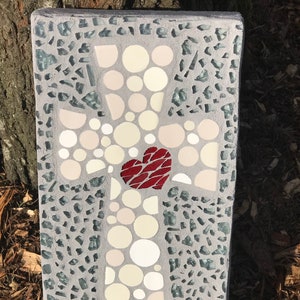 Tile Cross with Red Glass Heart Mosaic Outdoor Stepping Stone Art of Concrete Great Gift for the Gardener, Birthday, Memorial Stone