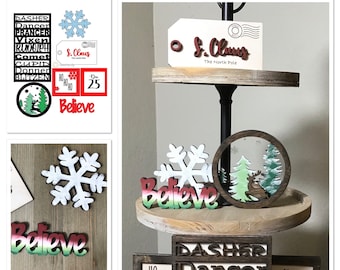 Plateau à plusieurs niveaux de Noël SVG / Laser d’hiver SVG / Believe, Flocon de neige, RVNE SVG / Décor de manteau de Noël / Fichier de décor d’étagère de Noël / Glowforge Svg