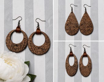 Boucle d'oreille en bois SVG/boucle d'oreille laser SVG/fichier de boucle d'oreille pivoine/Svg floral/fichier Glowforge de boucle d'oreille d'automne/boucle d'oreille Svg