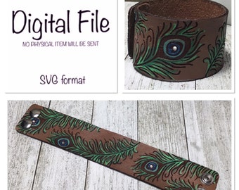 Peacock Feather Leather Cuff Bracelet SVG/Peacock Feather Leather Cuff SVG/Leather Laser File/Leather Cuff Laser File/Glowforge/Digital File