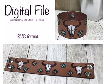 Western Leather Cuff Bracelet SVG/Skull and Tribal Bracelet/Leather Cuff SVG/Leather Laser File/Leather Cuff Cut File/Glowforge/Digital File
