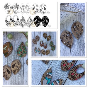 May include: Assortment of wooden Christmas-themed earrings. The earrings are painted with various designs, including snowflakes, mistletoe, Christmas trees, and snowmen. The earrings are all in the shape of a teardrop.