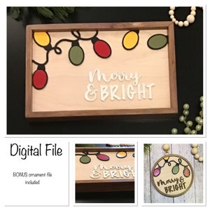 Merry and Bright Shelf Decor SVG/Christmas Laser SVG/Christmas Lights Mantle Decor/Holiday Shelf File/Glowforge Svg/Ornament File Included