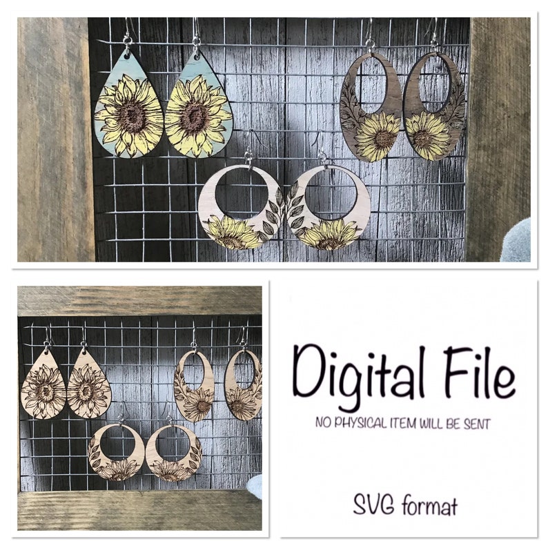 Peut inclure: Un ensemble de six boucles d'oreilles en bois avec un motif de tournesol. Les boucles d'oreilles sont disponibles en deux formes&nbsp;: goutte et ovale. Les boucles d'oreilles sont un fichier num&eacute;rique au format SVG.