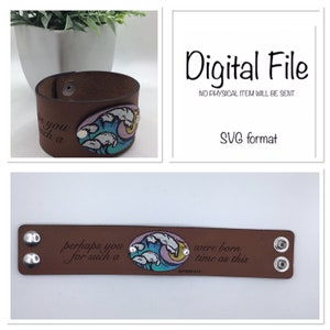 May include: Brown leather bracelet with a wave design and the text "perhaps you for such a time as this" and "Ephesians 4:14".