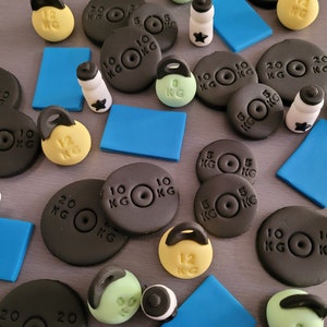 Weight lifting Topper, Gym Cake & Cupcake toppers, Body building fondant icing cake decorations,  Weights training cake toppers