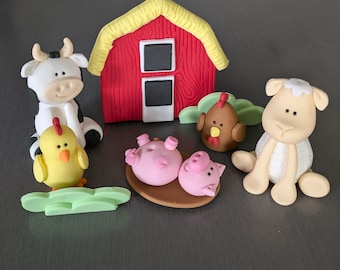 8 pack Barn Yard Cake topper set (with RED Barn), fondant farm yard cake topper set, farm yard cake decorations
