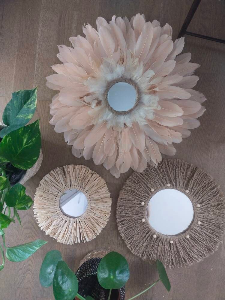 Trio de Miroirs Jujuhat Rose Saumon Jute et Raphia