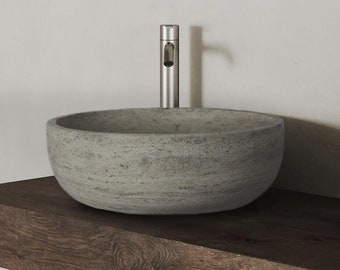 Duna Beige Round Natural Travertino Marble Stone Vessel Sink Washbasin. High Quality 100% Handmade in Mexico. Bathroom Countertop Sink.