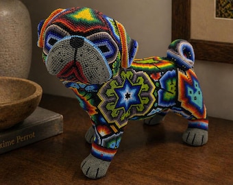 Huichol Beaded Pug Dog Sculpture, Wixárika Folk Art, Handmade Mexican Beaded Dog, Colorful Animal Figurine, Unique Gift Decor