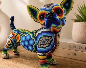 Huichol Standing Chihuahua Beaded Dog Wixarika Original Folk Art 100% Authentic Handmade in Mexico.
